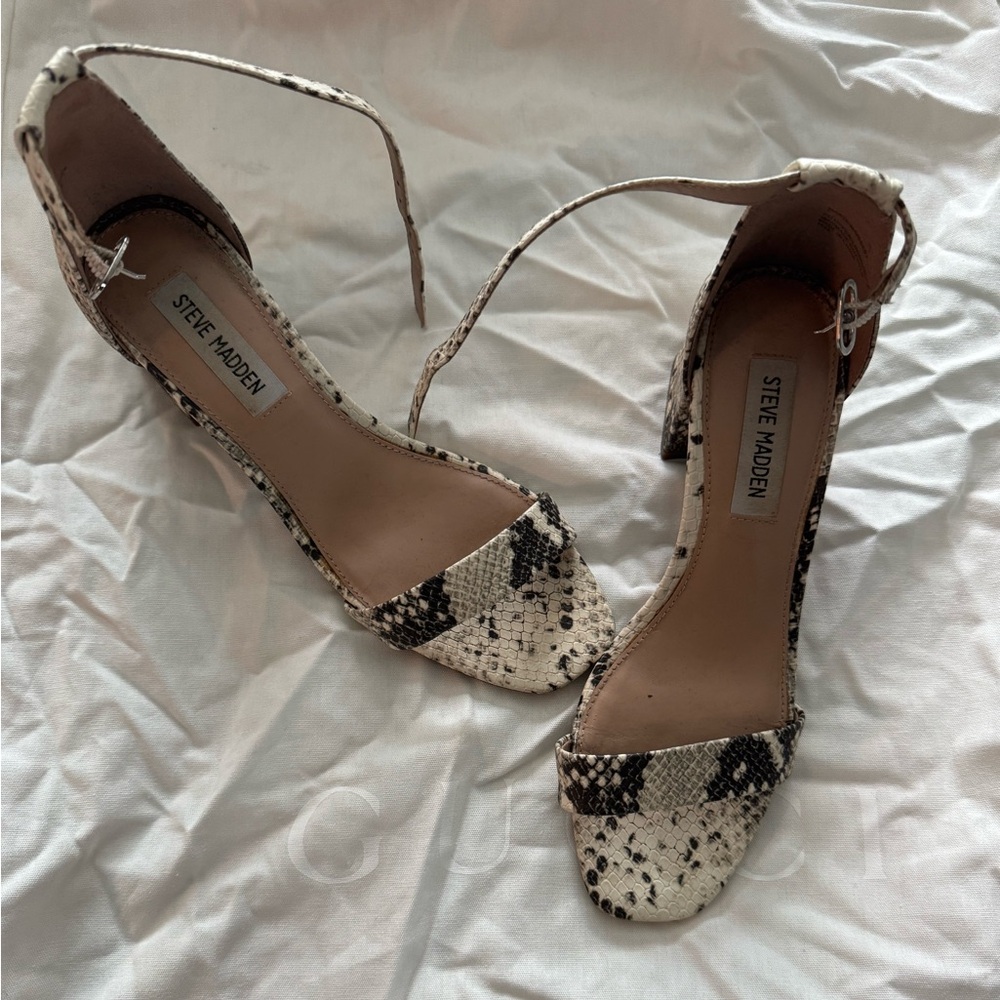 Steve Madden Snake-Print Ankle Strap Heels in Cream and Black